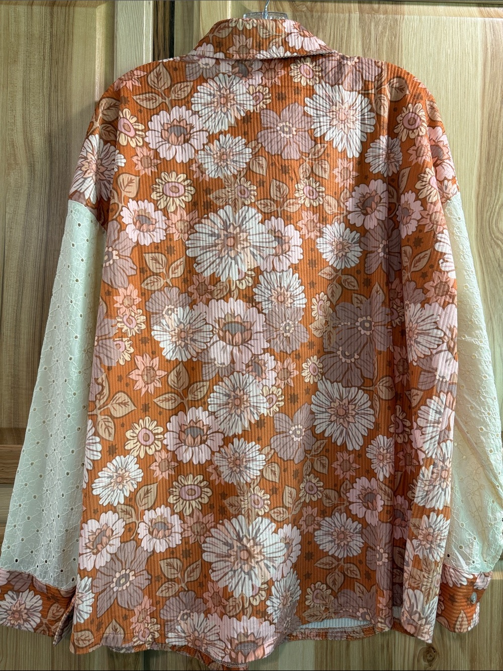 Grace + Emma Floral Retro Boho Ribbed Eyelet Button-Up Shirt in Rust Cream Sz XL - Picture 4 of 8